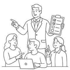 Business meeting with team discussing project tasks and goalsline art illustration