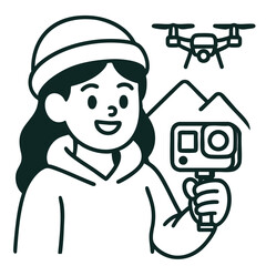 Person holding camera with drone flying above mountains, capturingline art illustration