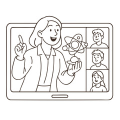 Online learning session with teacher explaining science conceptsline art illustration