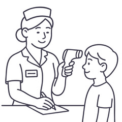 Nurse checking temperature of child with thermometerline art illustration