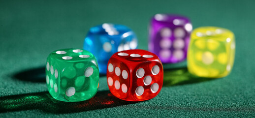 Colorful dices on green background, closeup