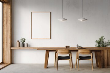 Clean interior with blank wall mockup next to modern wooden dining area and pendant lights in minimalist design layout concept for advertising use. 3D Rendering. High quality