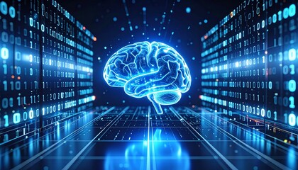 Digital mind Glowing brain amidst data streams