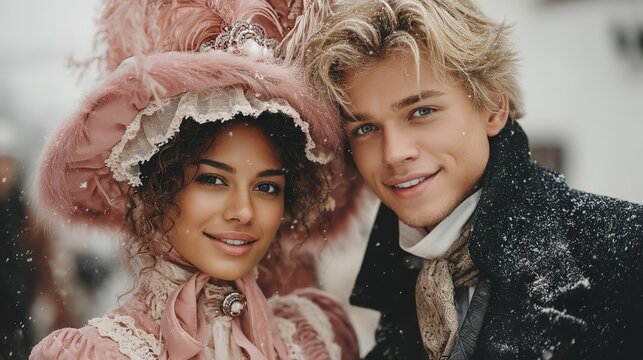Beautiful Black woman with curly hair in pink Victorian dress and bonnet with white fur, smiling with blond boyfriend in snowy Christmas scene - Powered by Adobe