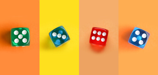 Collage of dices on color background
