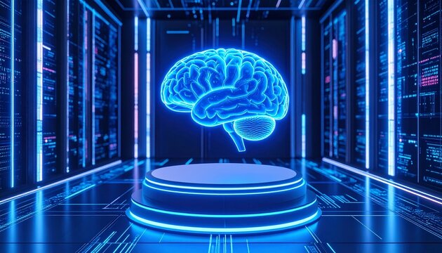 Luminescent brain afloat in server room