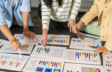 Business team startup presenting data summary chart meeting with colleagues, financial report...