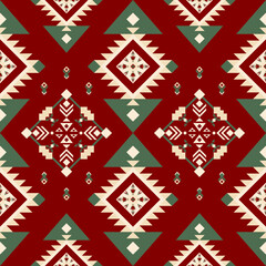 Seamless Tribal Geometric Pattern with Bold Red and Green Diamond Motifs. Featuring red, green, and beige tones, this pattern is perfect for textile design, packaging, digital backgrounds.