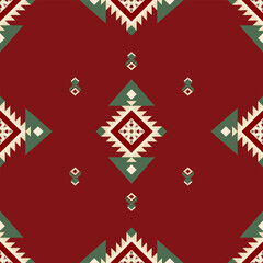 Seamless Tribal Geometric Pattern with Bold Red and Green Diamond Motifs. Featuring red, green, and beige tones, this pattern is perfect for textile design, packaging, digital backgrounds.