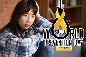 Sad young Asian woman at home. World Suicide Prevention Day