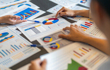 Business team startup presenting data summary chart meeting with colleagues, financial report...