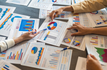 Business team startup presenting data summary chart meeting with colleagues, financial report...