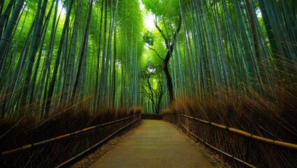 Serene bamboo forest path with sunlight filtering through leaves