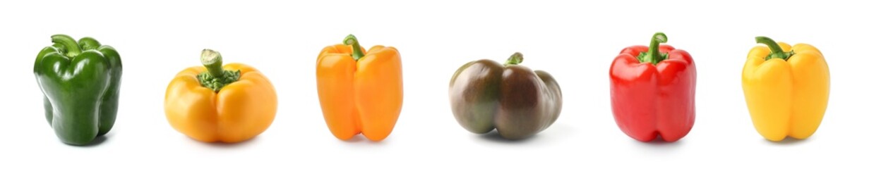Set of different bell peppers on white background