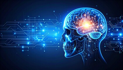 Digital brain within skull illuminated network