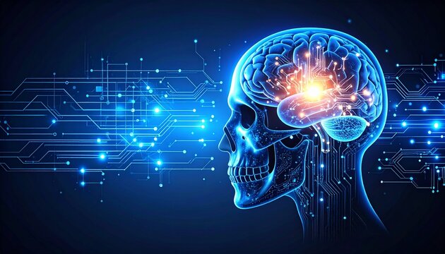 Digital brain within skull illuminated network