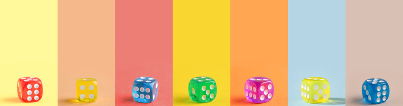 Collage of many dices on color background