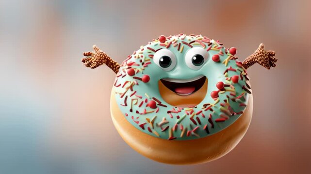 Delightful donut character dances joyfully in a whimsical candy world filled with sprinkles and smiles