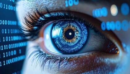 Digital human eye displaying binary data