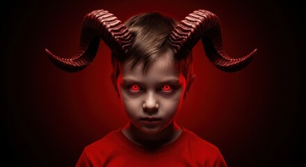 Little devil child with glowing red eyes and horns on a dark red background, perfect for Halloween, horror, or dark fantasy themes.
