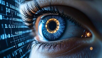 Eye reflects digital code a futuristic gaze