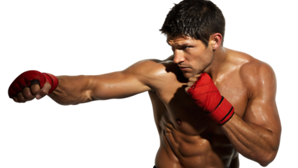 Intense boxer demonstrates powerful punch with red gloves and muscular physique for fitness campaigns