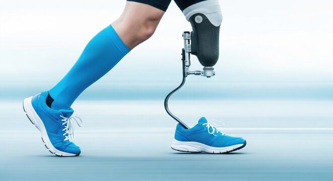 Athlete with a prosthetic leg running, symbolizing resilience, determination, and technological advancements in sports and rehabilitation.

