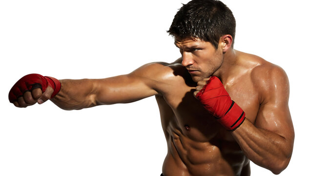 Intense boxer demonstrates powerful punch with red gloves and muscular physique for fitness campaigns