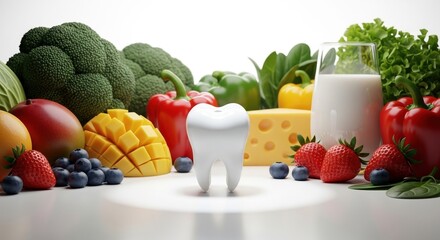 Radiant white tooth surrounded by healthy foods like fruits, vegetables, and dairy, representing dental health, nutrition, and well-being.

