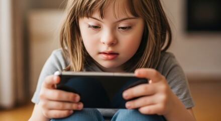 Young girl with Down syndrome intently using a smartphone, depicting childhood, technology, and inclusivity in modern life.

