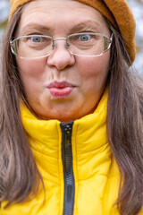 middle-aged woman stunned by shocking news, emotional funny portrait freak, showing deep surprise and emotional reaction