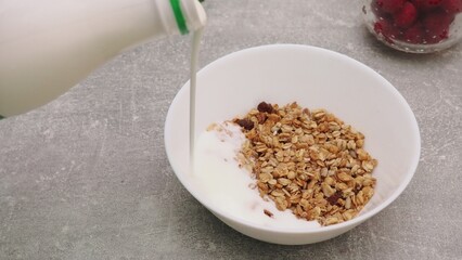 bowl with Greek yogurt homemade granola, mixed nuts, almond, cashew, hazelnut. Healthy vegetarian protein diet breakfast. Selective focus, closeup