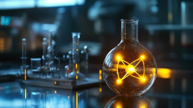Glass flask with glowing liquid in lab setting, showcasing scientific research