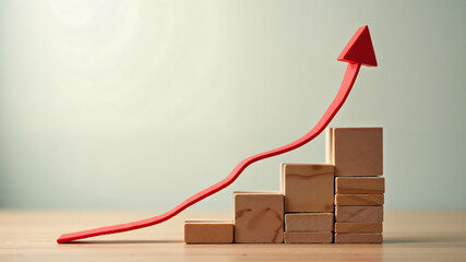 Wood block stacking as step stair with Growing arrow up in concept business growth success for forward achievement concept.
