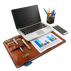 Laptop, pens, and charts on a leather desk pad.  A digital device rests on a leather desk organizer, which holds pens and charts.  Colored pencils and a phone complete the office scene