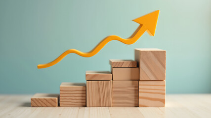 Wood block stacking as step stair with Growing arrow up in concept business growth success for forward achievement concept.
