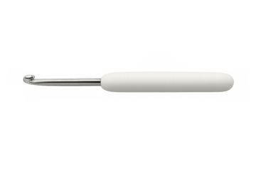 Metal crochet hook with white handle isolated on transparent background, ready for crafting and yarn work