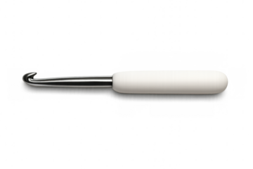 Metal crochet hook with white ergonomic handle isolated on transparent background, perfect for hobby and craft projects