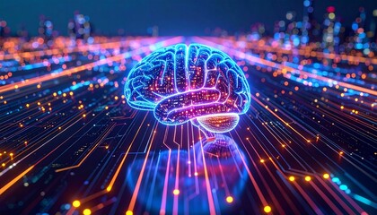 Cybernetic brain navigating a digital landscape