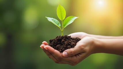 hand child holding the small tree for planting for environment green world earth day Day. concept caring tree and Love protect nature
