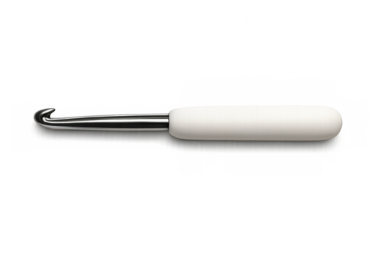 Metal crochet hook with white ergonomic handle isolated on transparent background, perfect for hobby and craft projects