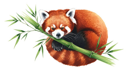 Watercolor illustration of a red panda eating bamboo on a white background