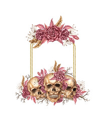 Burgundy roses, buds, rose leaves and human skulls watercolor illustration. Gothic design with golden geometric frame for Halloween. Suitable for vintage templates, border, outline, composition, label