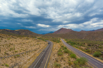 Beeline Highway in Maricopa County, Arizona with two parallel roads cutting through arid Sonoran...