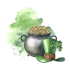 Cast iron pot with coins and a shamrock hat for St. Patrick s Day. Hand-drawn watercolor illustration. For greeting cards, banners and flyers, packaging, invitations, holiday decor, and more