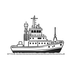 Obraz premium Black and white line drawing of a tugboat sailing on wavy water