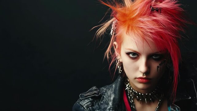 Young woman with punk hairstyle, dark makeup, leather jacket
