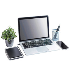 Flat lay of laptop, tablet, and phone on a desk with plant