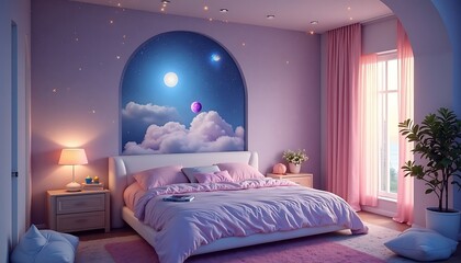 Dreamy Bedroom with Pink Bedding and Night Sky Mural