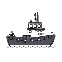 Obraz premium Simple outline illustration of a gray utility boat or tugboat floating on calm water